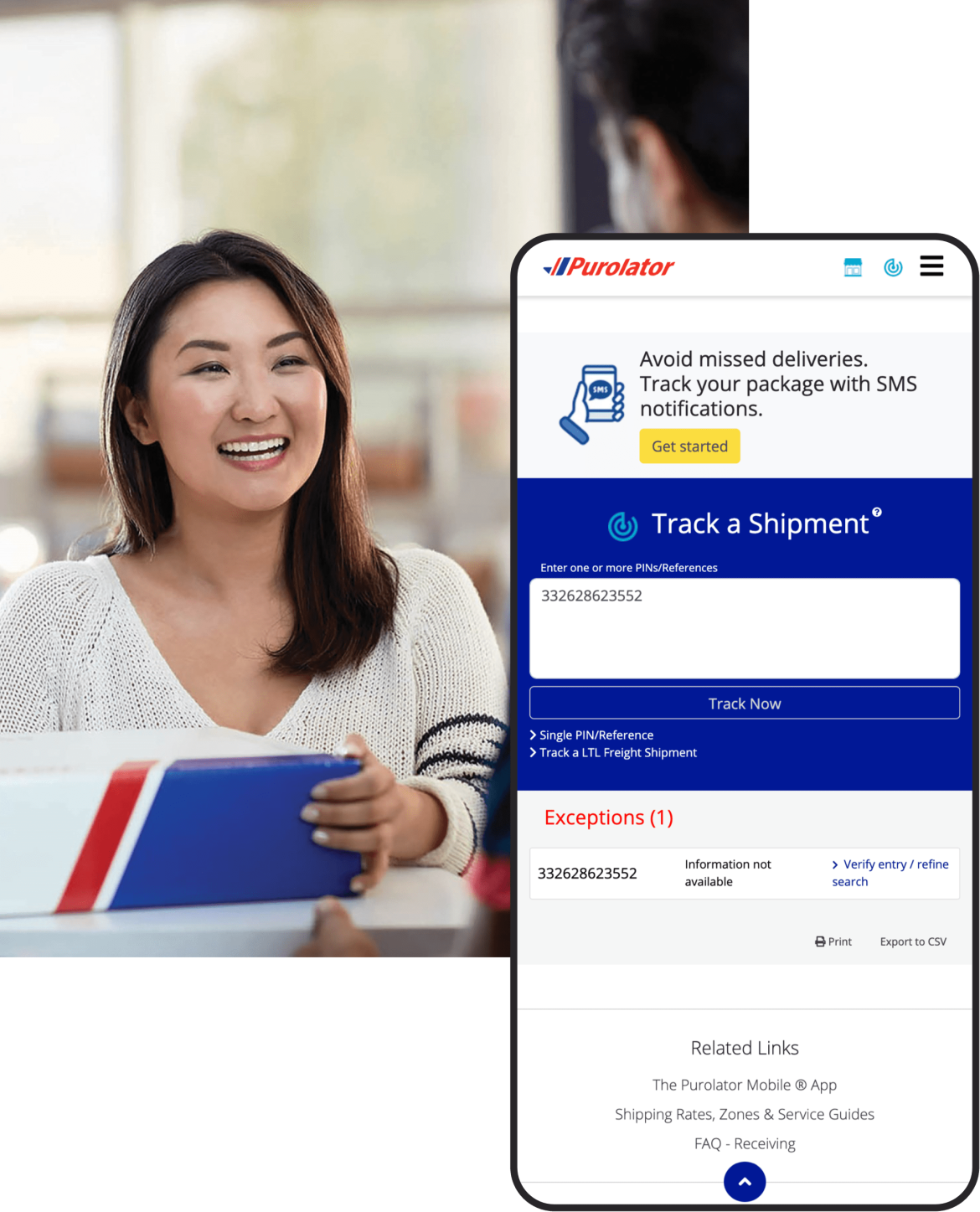 Purolator website on mobile with image of woman receiving a package in the background