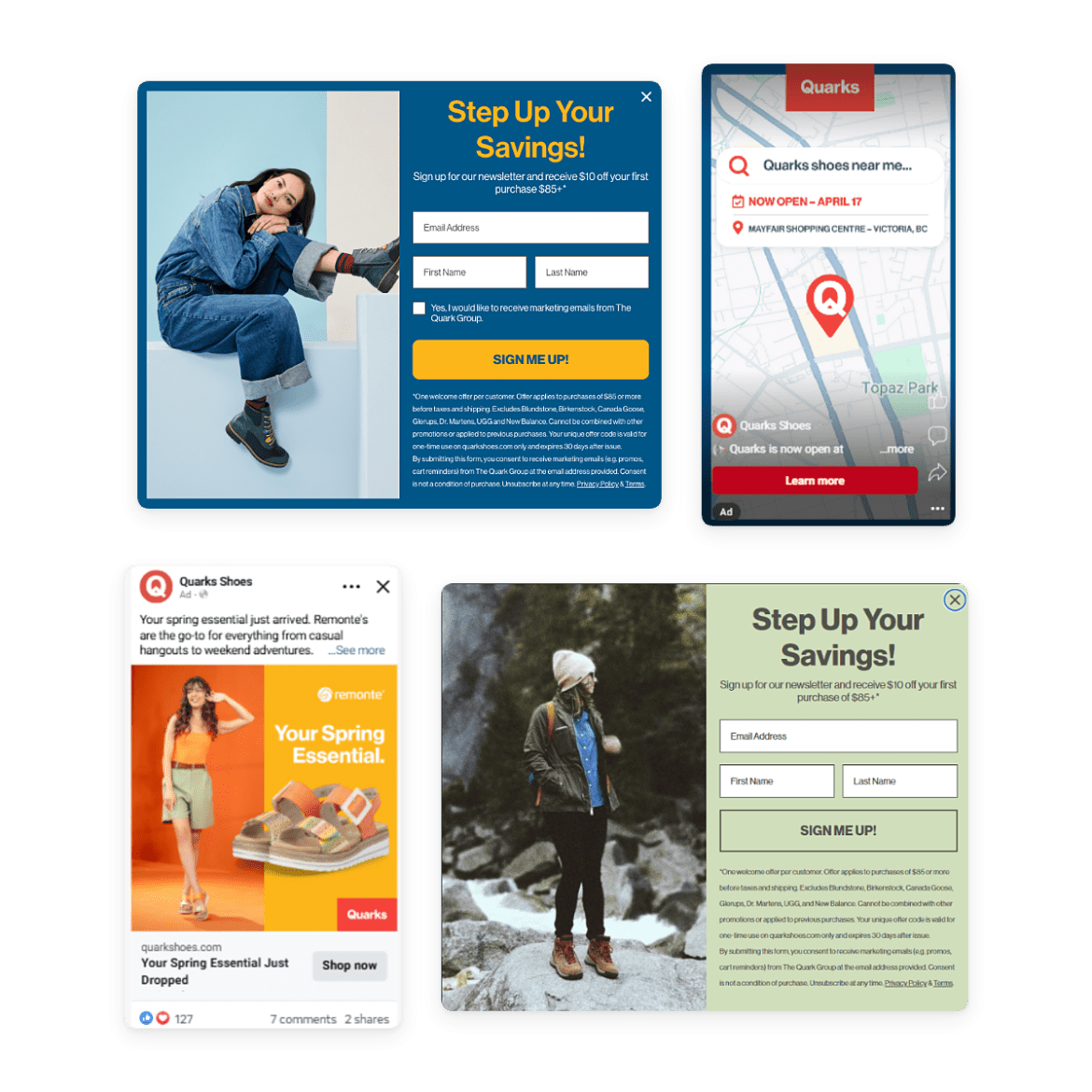 Quarks and Urban Trail email sign-up pop-up forms alongside a Meta ad and a local search ad promoting the Victoria store opening