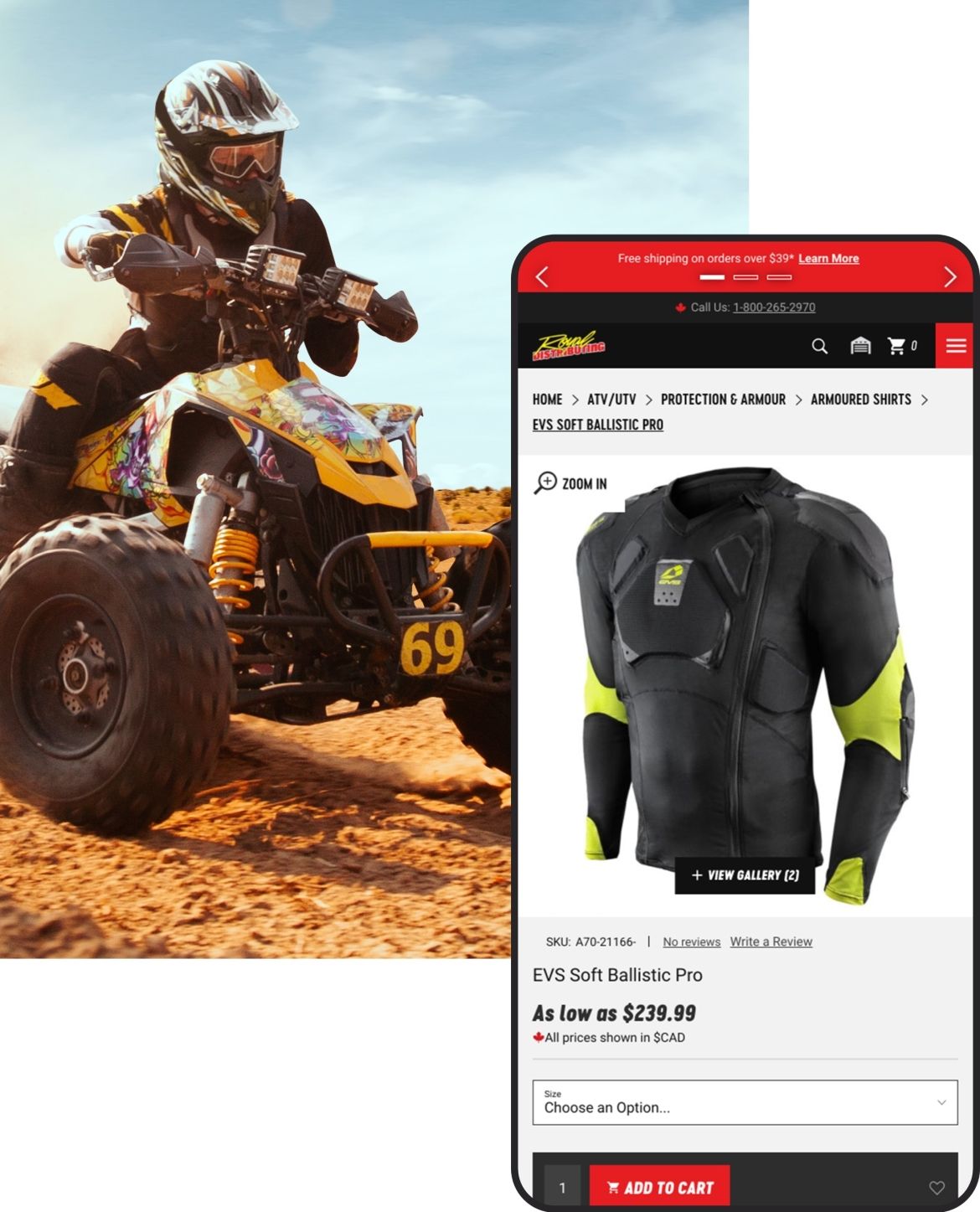 Royal Distributing CS how we didi it image person riding a 4wheeler and a phone mockup displaying a product detail page of the Royal Distributing website