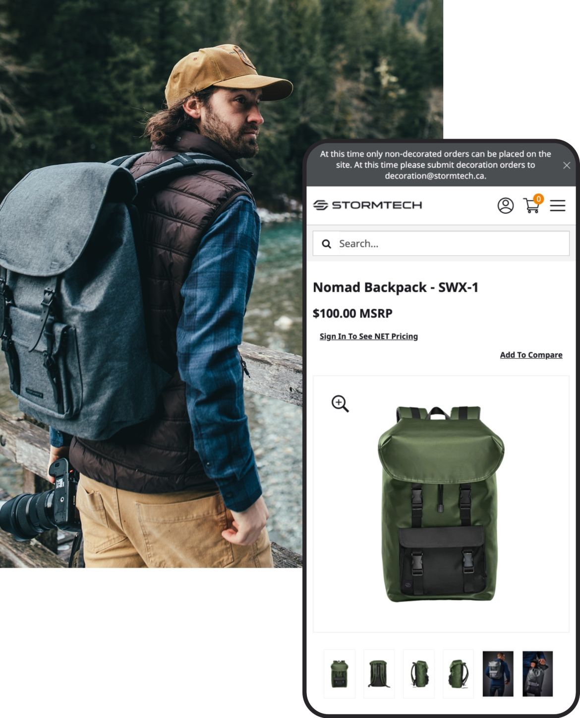 man hiking and a phone mockup showcasing a product detail page of the Stormtech B2B website