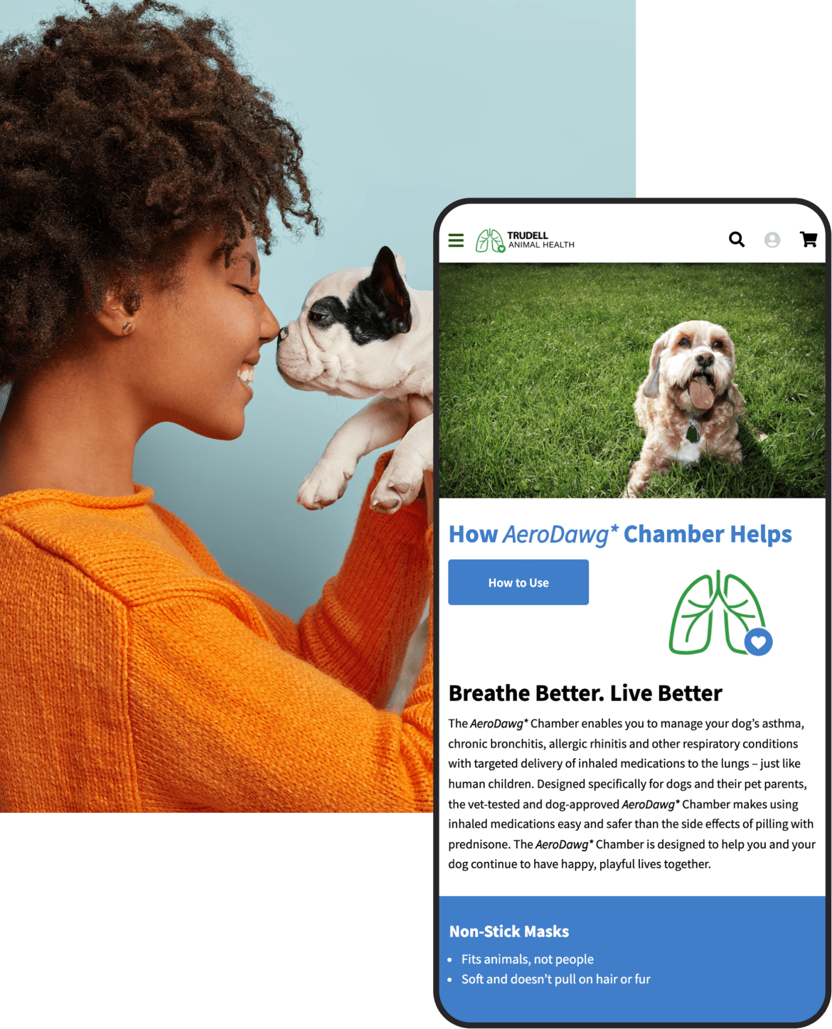 Girl with dog and Trudell Animal Health website on mobile