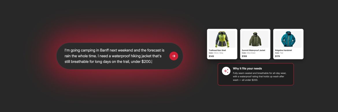 A shopper's natural-language request for a waterproof hiking jacket returns product results and an AI explanation of why they fit.