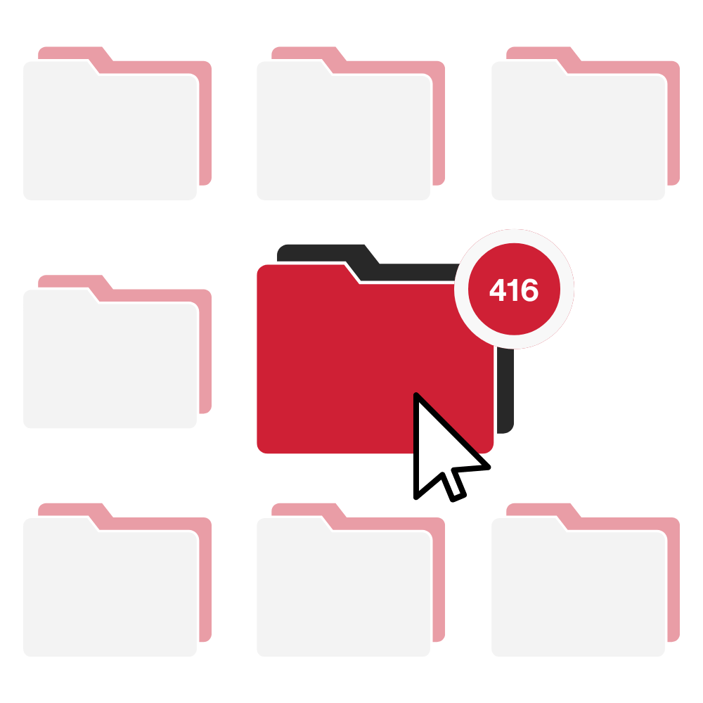 DAM: Empower Content at Scale Hero in colour A red folder with 416 notifications within it surrounded by white folders