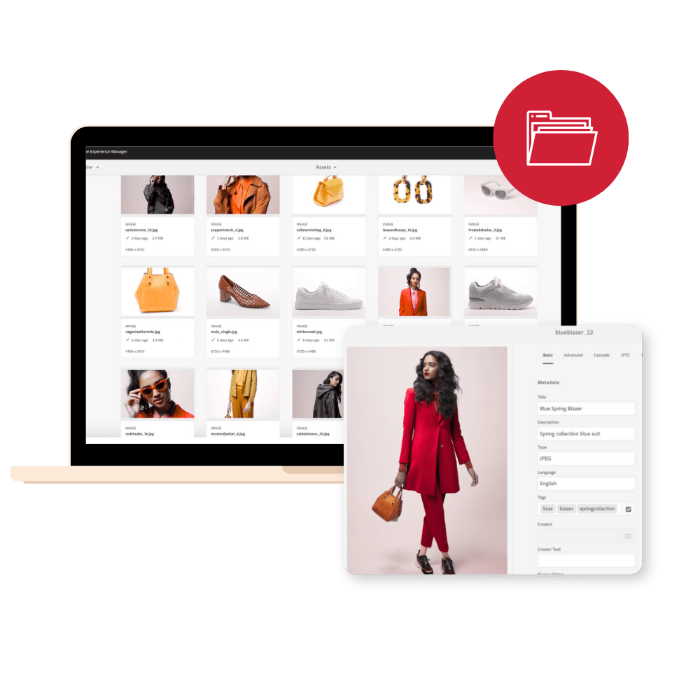 A laptop displaying Adobe Experience Manager's asset grid with fashion product photography, alongside a floating metadata panel showing title, description, tags, and file details for a selected image.