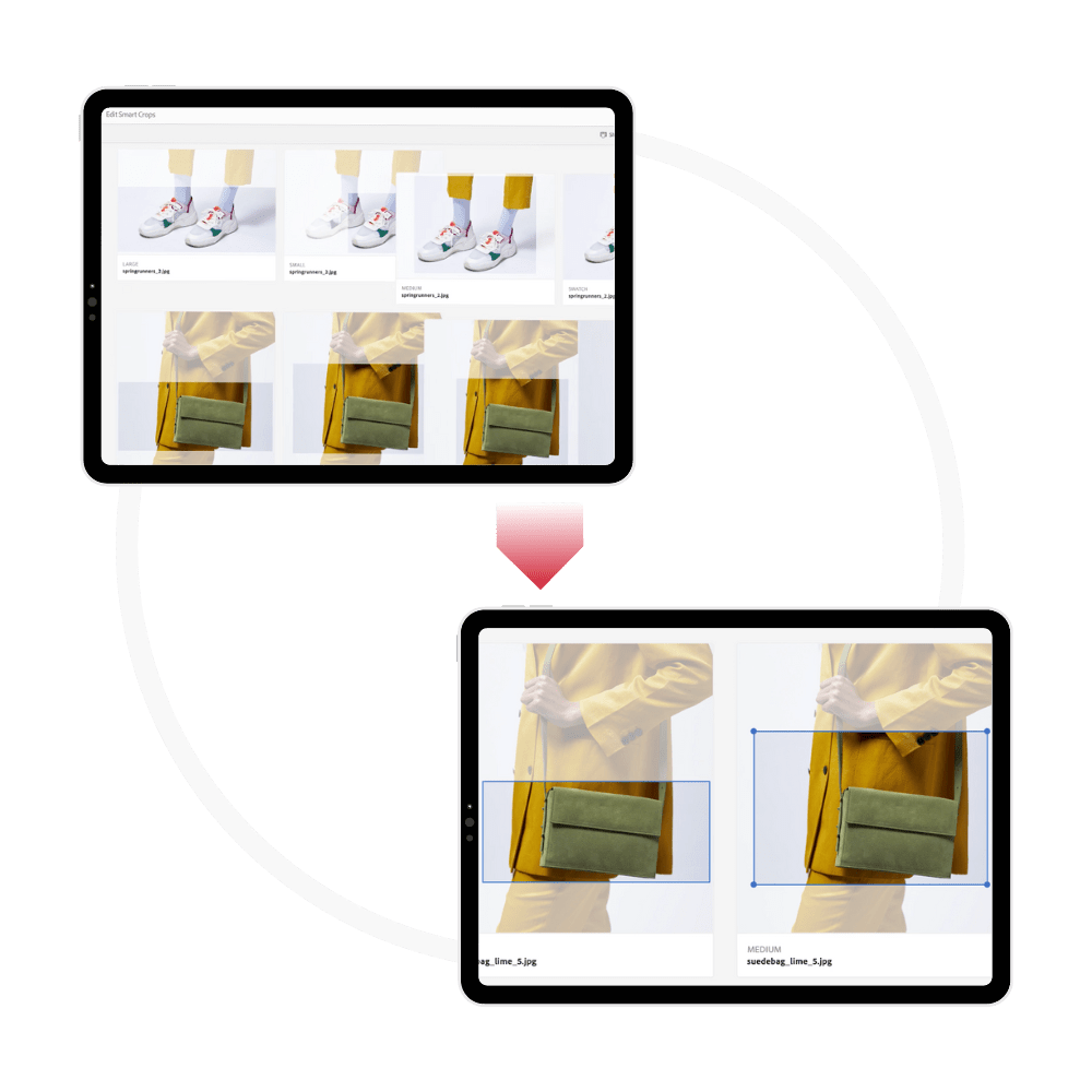 website with handbags and socks pointing to more zoomed in version of the site zoomed in on the handbags and displaying their dimensions