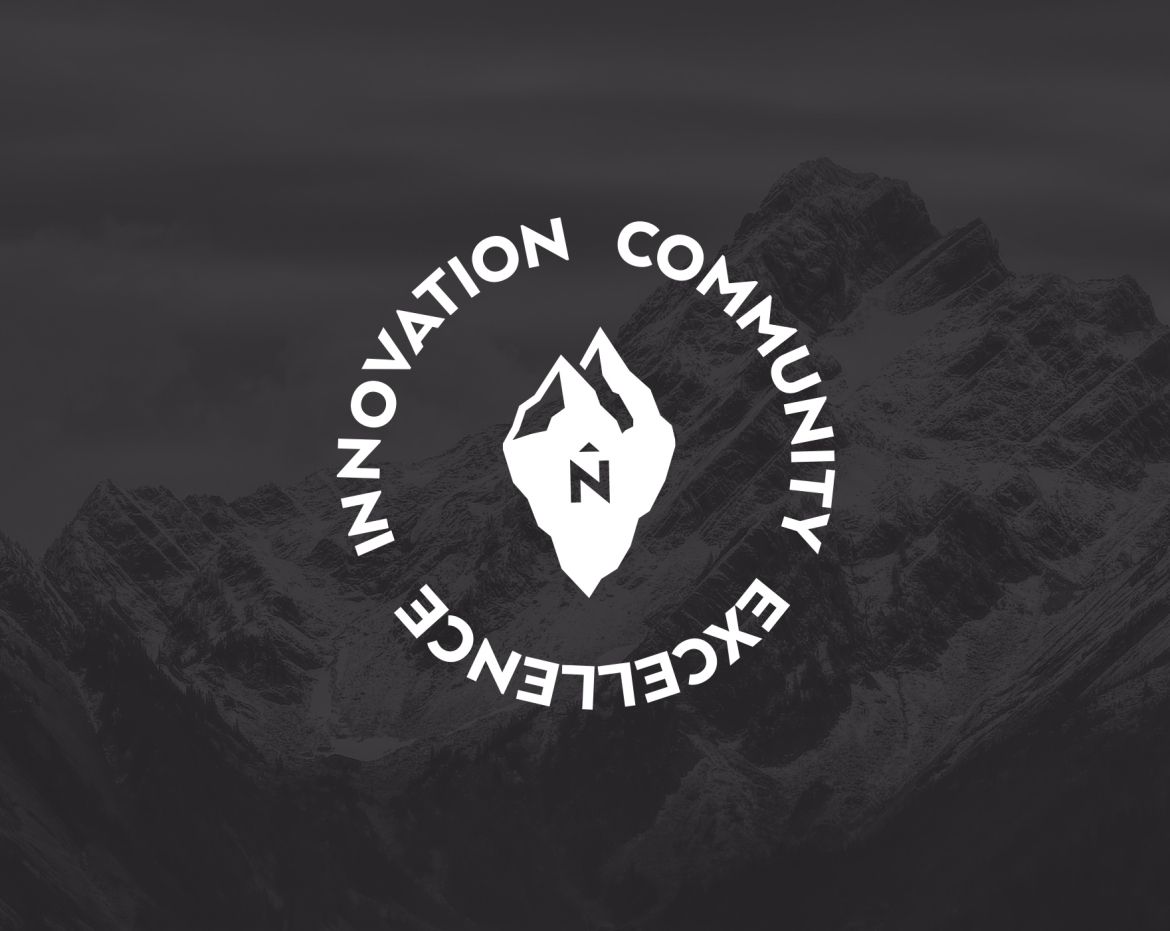 innovation, excellence, community logo with a mountain