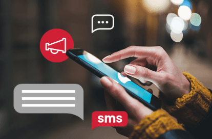 hand on phone with sms and announcement icons