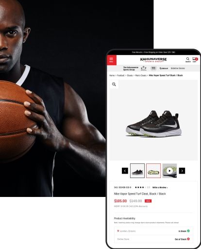 man holding basketball and a phone mockup of a product detail page for a pair of running shoes