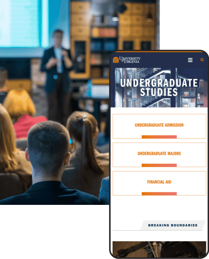 University of Virginia website on phone in front of photo of professor and students