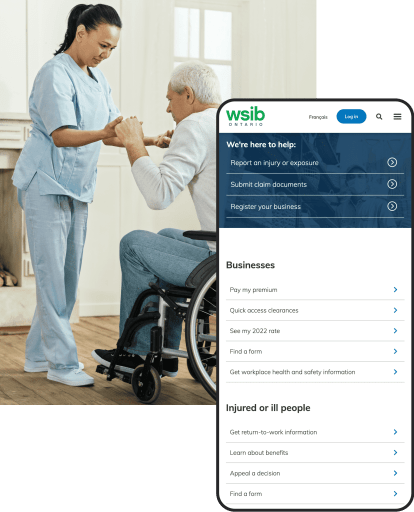 Carer and senior in wheelchair with WSIB website on mobile overlay