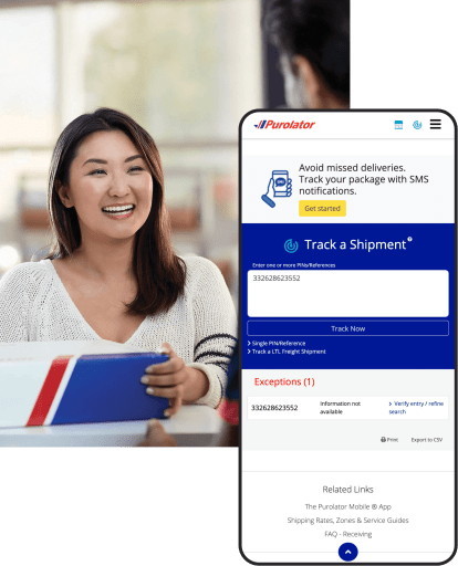 Purolator website on mobile with image of woman receiving a package in the background