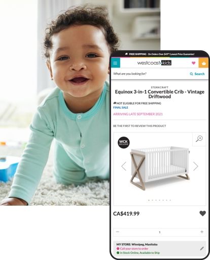 baby crawling and a phone mockup showing a product detail page for a crib