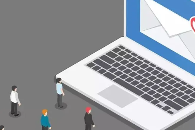 Drawing of large laptop with people standing in front of it and an envelope on the screen