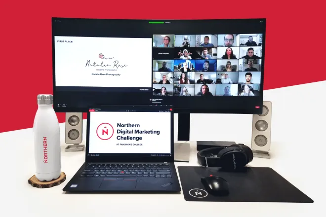 Multiple screens with Northern Digital Marketing Challenge presentation and Zoom call