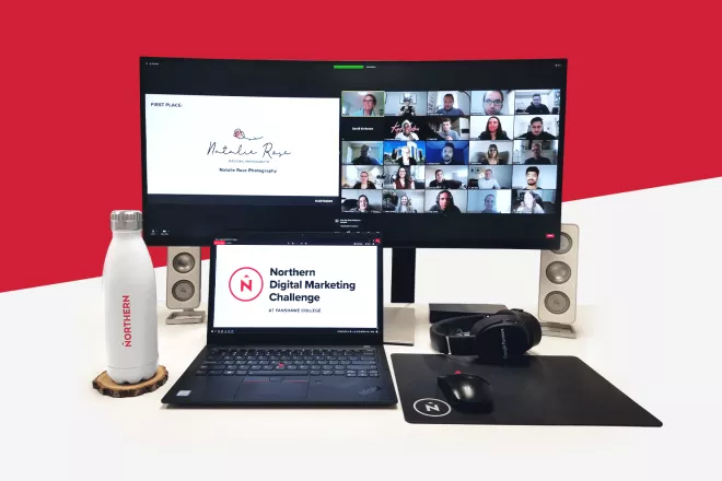 Multiple screens with Northern Digital Marketing Challenge presentation and Zoom call