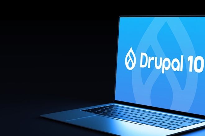 Drupal 10 logo on screen.