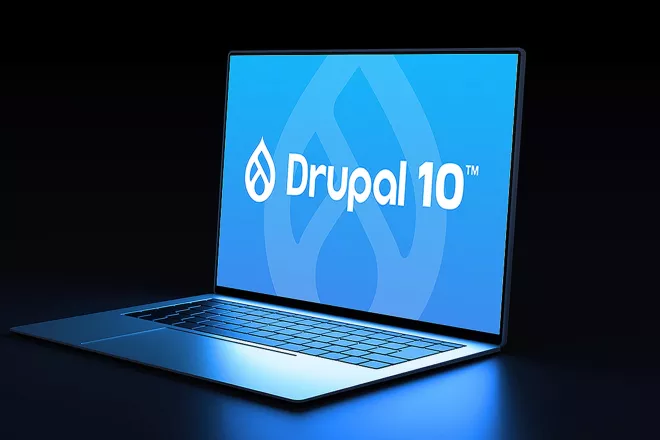 Drupal 10 logo on screen.