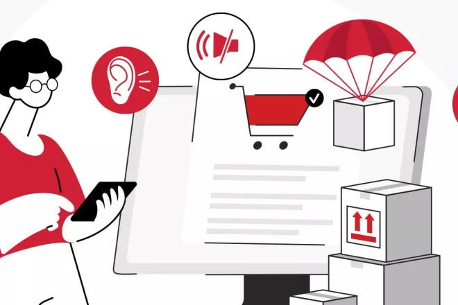 Woman on tablet representing online shopping surrounded by Accessibility icons.