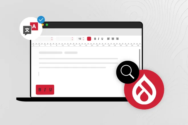 Computer illustration showing a content editor and translation icons