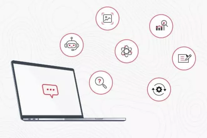 Computer with icons floating around