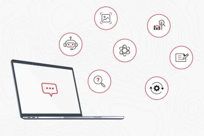 Computer with icons floating around