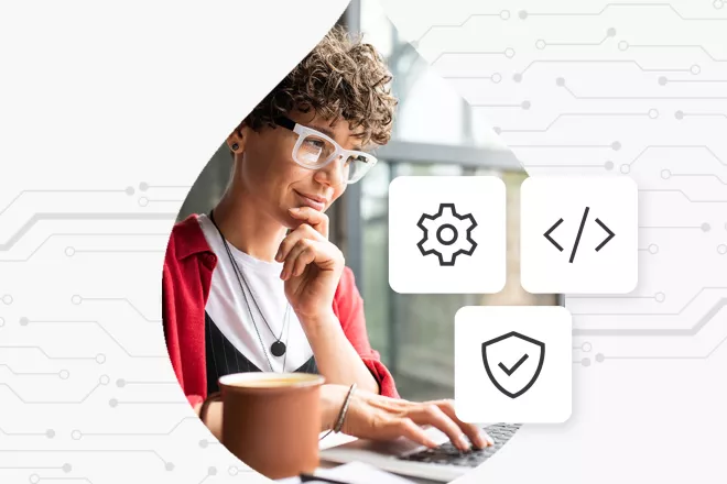 Woman drinking coffee looking at laptop with circuitry overlay surrounding 