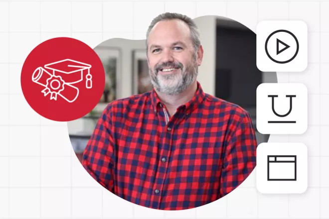 Jay Menard in a red flannel shirt with education logos around him