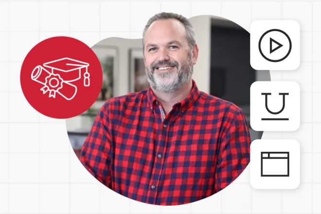 Jay Menard in a red flannel shirt with education logos around him