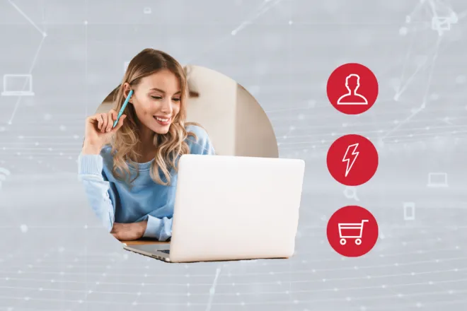A gray backdrop with a woman on a laptop with red storefront icons.