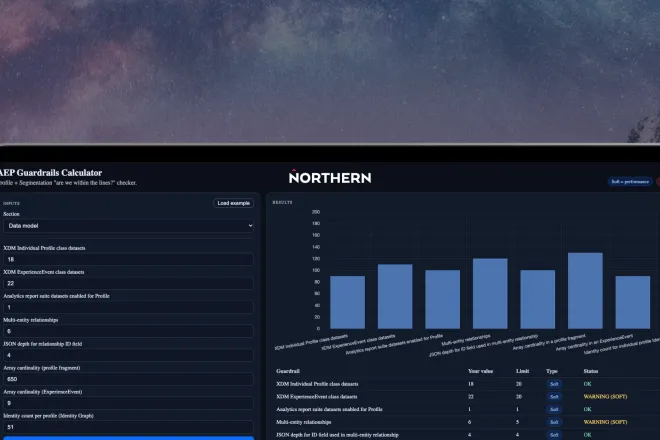 Northern AEP Guardrails Calculator interface displayed on a laptop, showing input fields for Adobe Experience Platform Profile data model values alongside a utilization bar chart and results table with soft and hard limit indicators