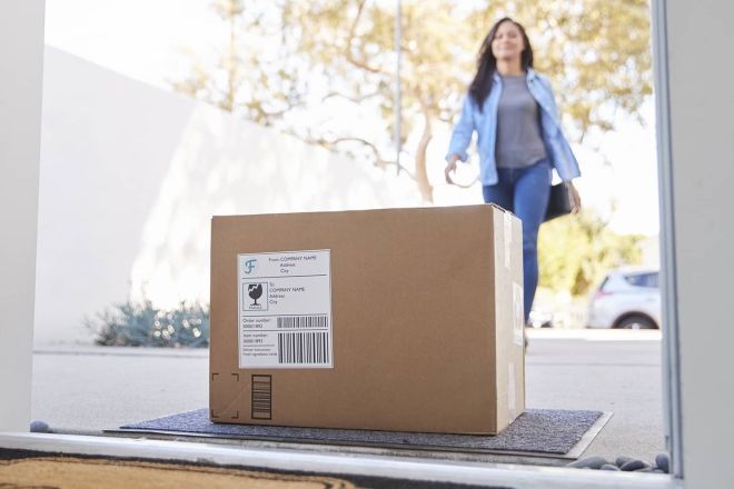 Package delivery on front porch with woman