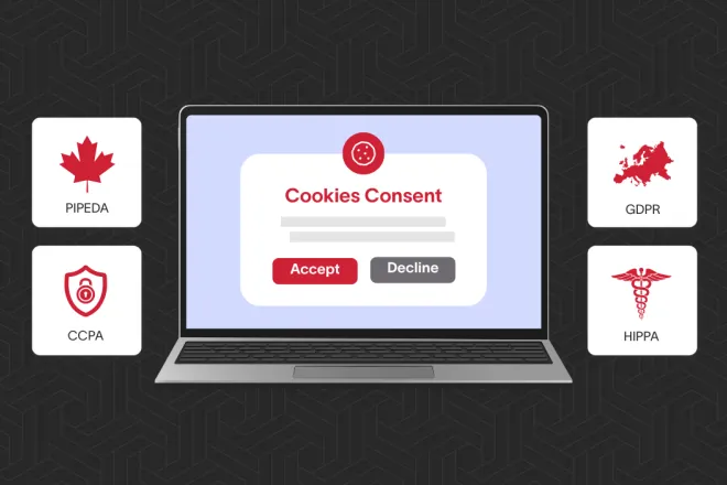 A laptop with a cookie consent banner along with privacy law icons.