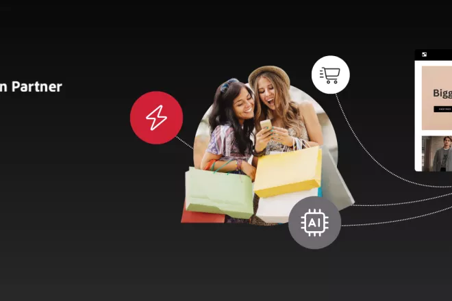 Two women shopping looking at a phone next to a storefront webpage.