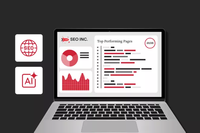 A laptop with a generic SEO platform window.