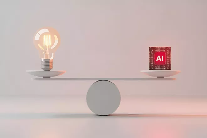 A weight balance with a light bulb on the left, and an AI chip on the right.