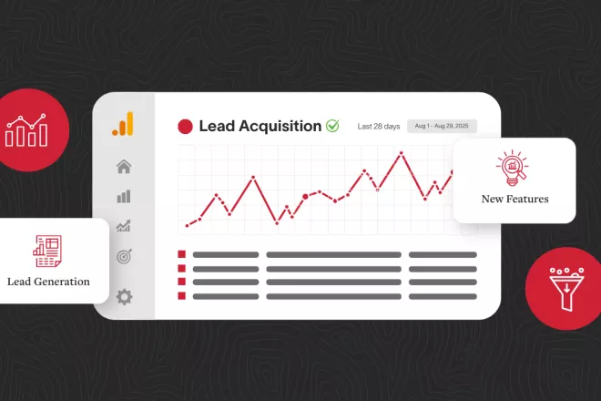 A graphic of Google Analytics 4's newest lead reports and two red circles with analytics icons.