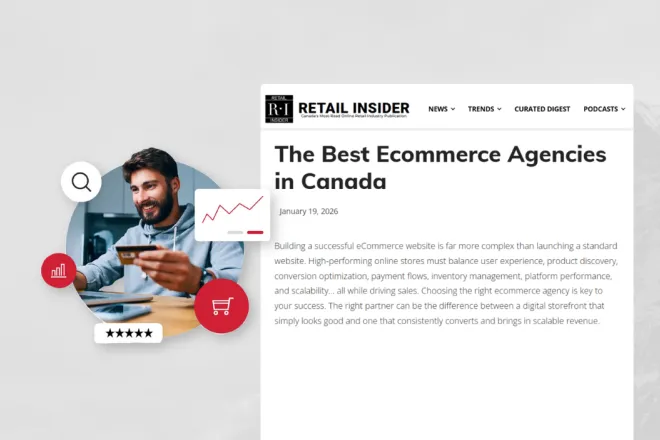 A graphic of a man holding a credit card next to his laptop along side a screenshot of the Retail Insider article.