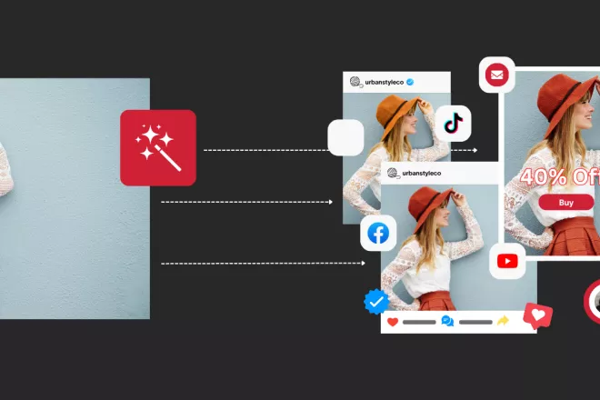 A woman in a red hat in various image formats.