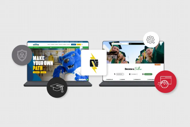 Side-by-side comparison of two redesigned community college websites displaying updated layouts, student testimonials, and educational program pathways with icons representing security, education, and time management