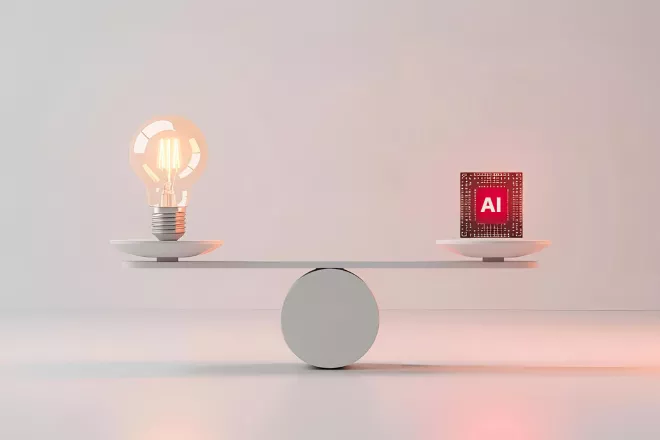 A balance scale with a light bulb on the left and an AI chip on the right.