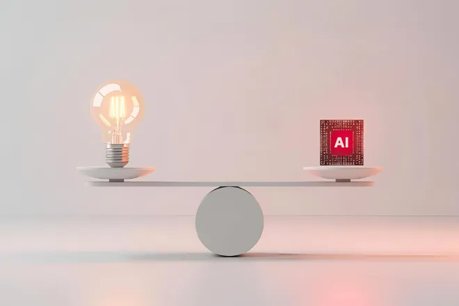 A balance scale with a light bulb on the left and an AI chip on the right.