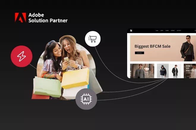 Two women shoppers looking at a phone next to a storefront webpage.