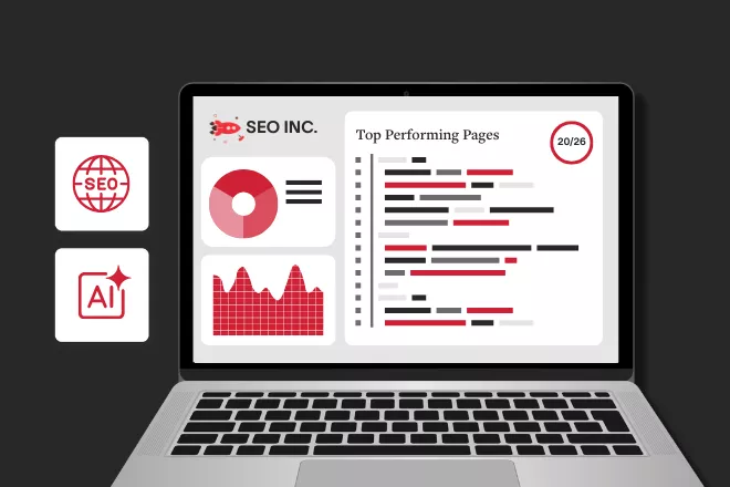 A laptop with a generic SEO platform window.