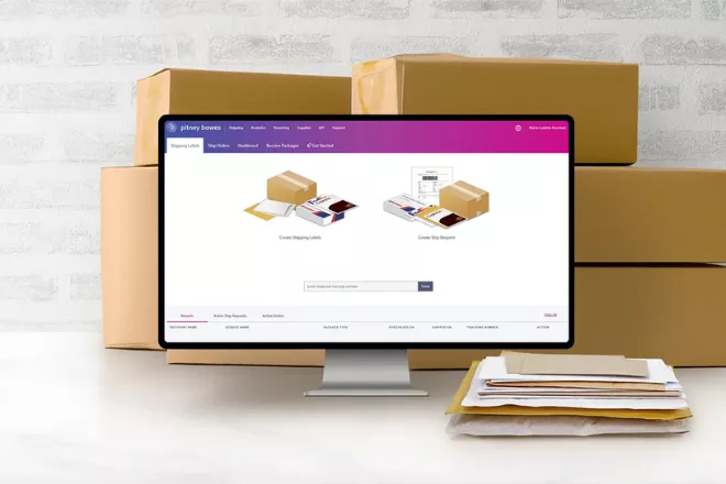 A monitor displaying Pitney Bowes app.