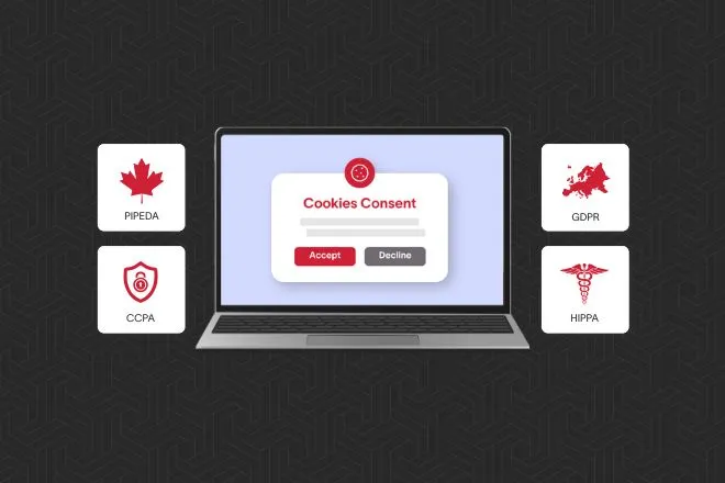 A laptop with a cookie consent banner along with privacy law icons.