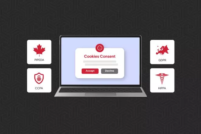 A laptop with a cookie consent banner along with privacy law icons.