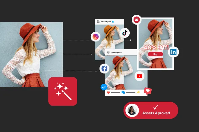 A woman posing in a red hat with an arrow that leads to modified images of original in different marketing campaigns.