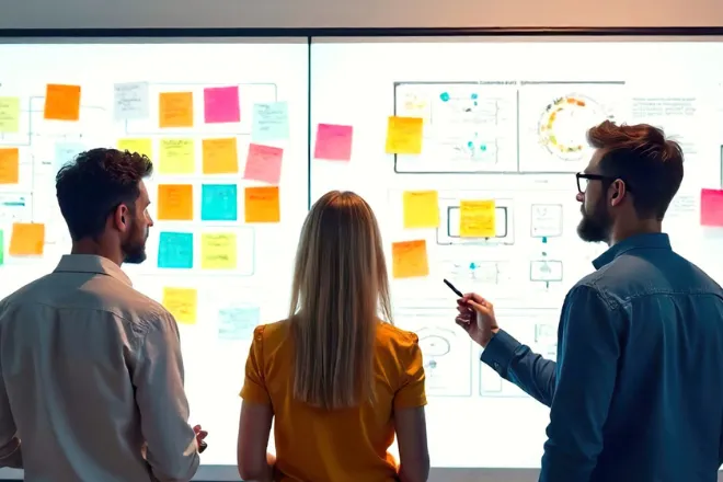 Team reviewing sticky notes and journey maps on a board during a strategy workshop