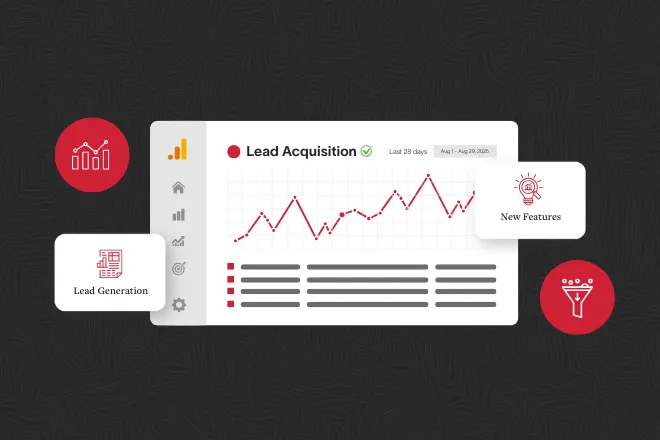 Illustration of a GA4 Lead Acquisition report dashboard with icons representing lead generation, new features, and marketing funnel performance.