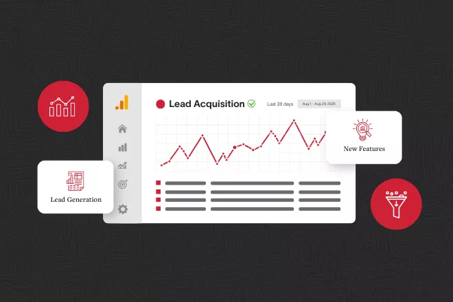 Illustration of a GA4 Lead Acquisition report dashboard with icons representing lead generation, new features, and marketing funnel performance.